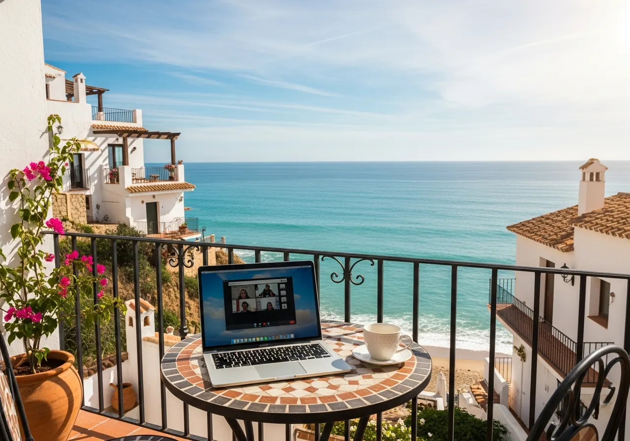 Laptop on a sunny coastal balcony, illustrative image
