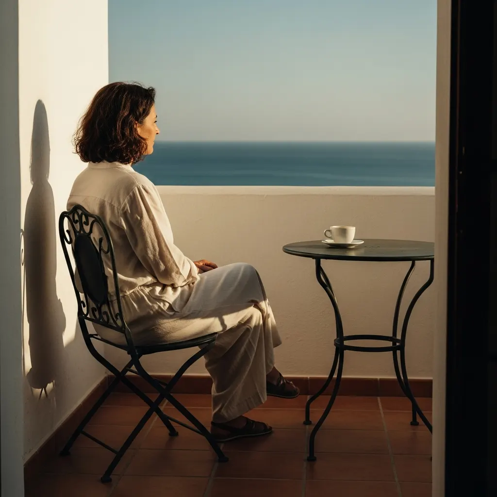 Person sitting quietly by a coastal balcony, illustrative image