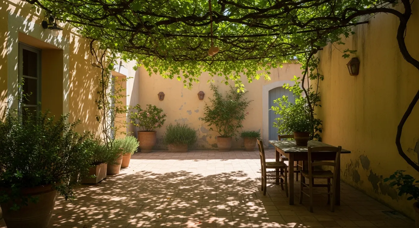 Sunlit courtyard beneath a leafy canopy, illustrative image